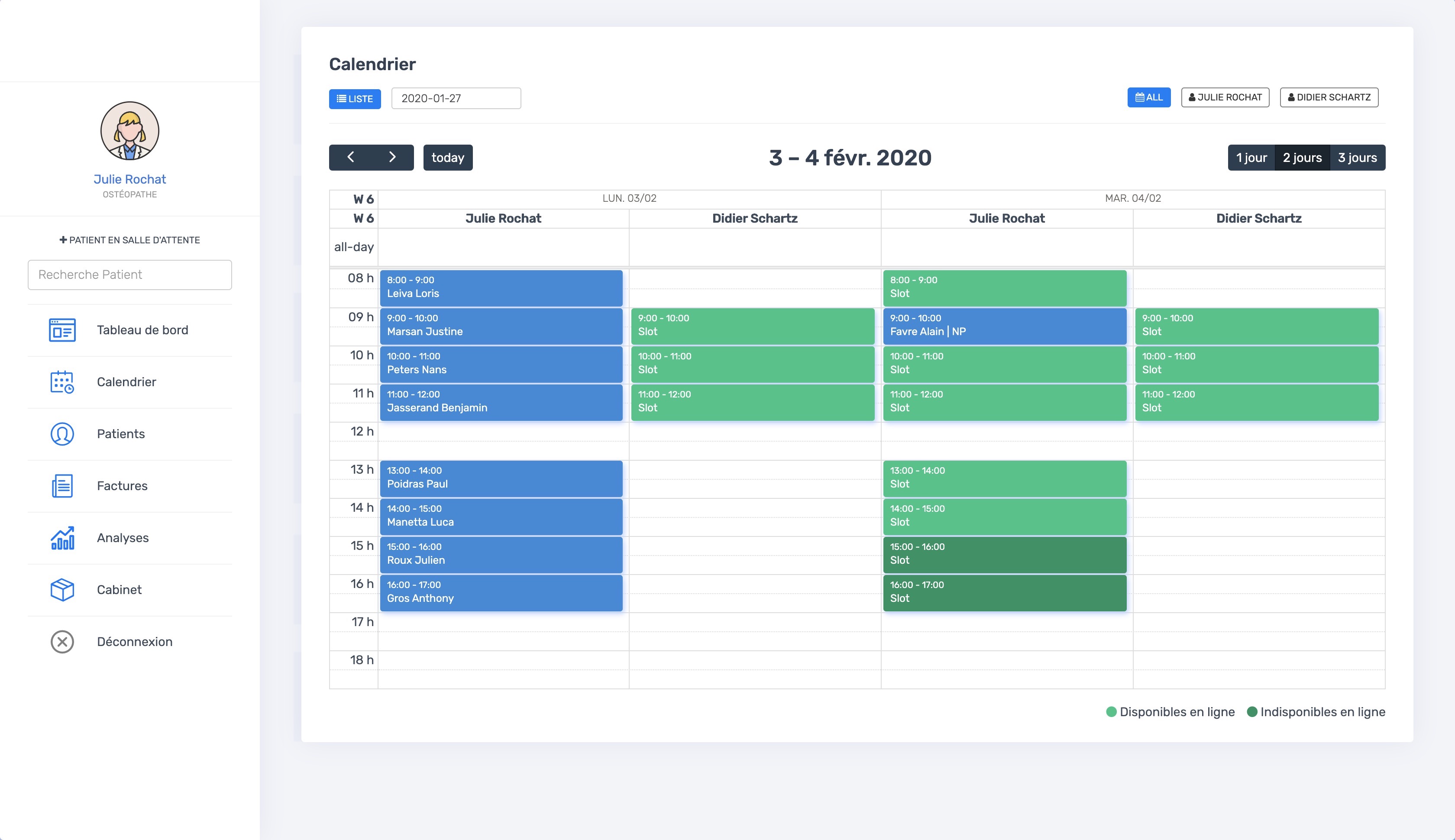 La vue du calendrier multi-thérapeutes | PERF'OSTEO